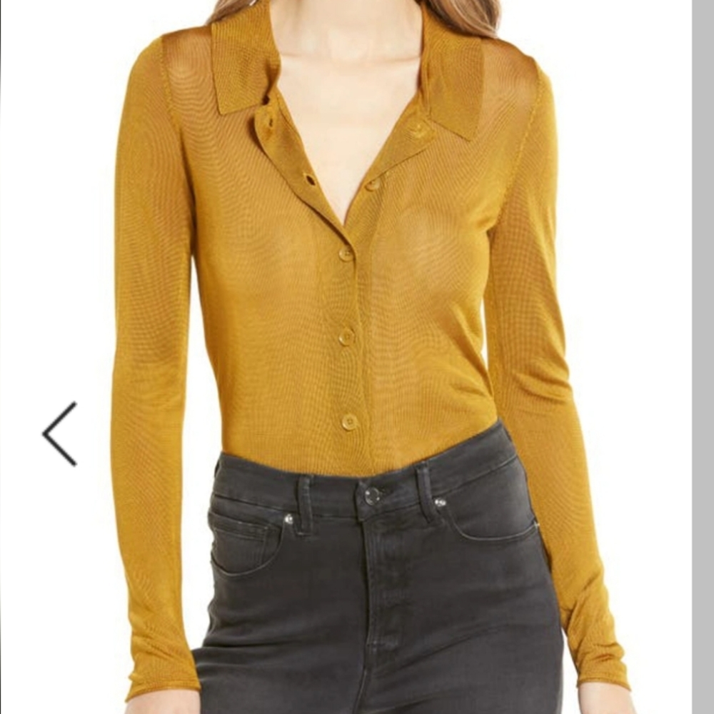 NWT Good America Sheer Button- Up Polo Shirt in Goldenrod001